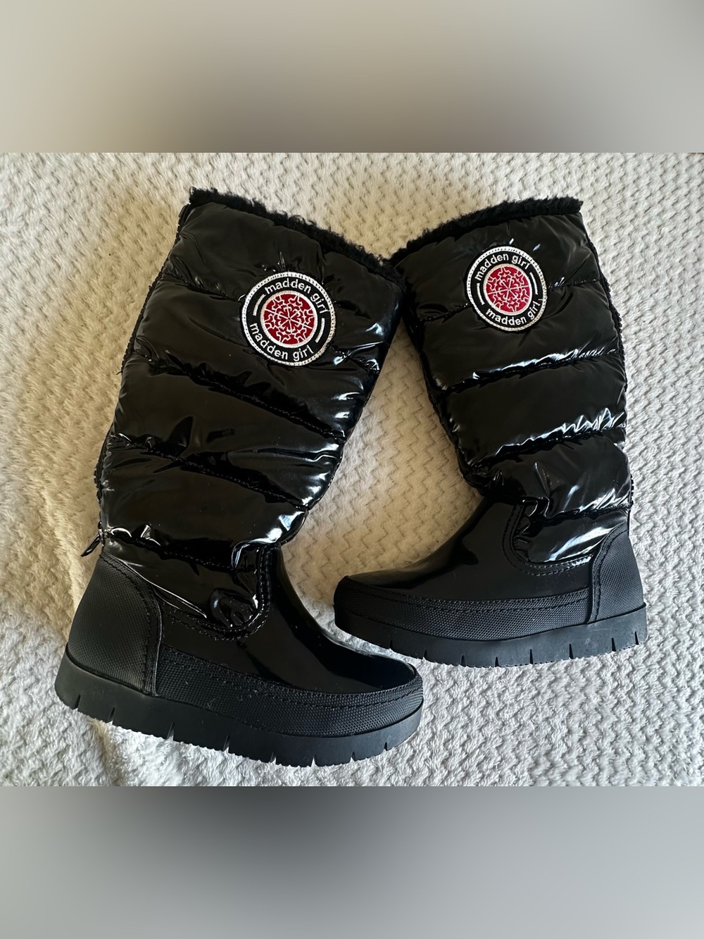 Madden Girl Black Puffy Winter Boots with Red Logo Patch